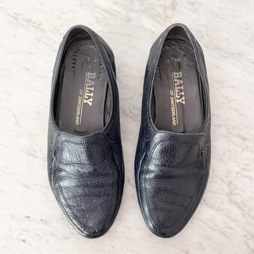 Vintage‎ Bally Caslano 1083 Loafers 8.5 Navy Blue Textured Leather Dress Shoes